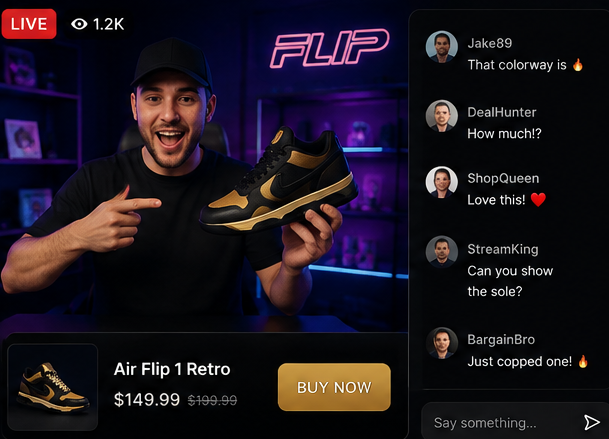 FLIP live show: host, live chat, and a Buy Now product card